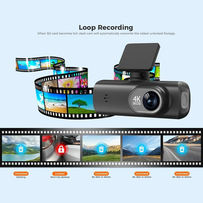 4K Dash Cam Front & Rear, Car DVR with Built in Wifi, Infrared Night Car Recorder, Loop Recording, Parking Monitor, Car Video Surveillance