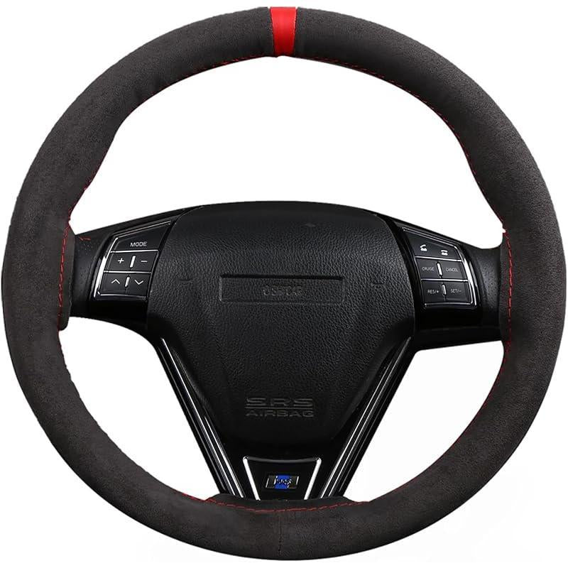 Universal Car Suede Steering Wheel Cover for Women and Men,Stitch on Wrap Car Interior Standard Size 14.5-15 Inch,Black and Blue Microfiber Leather Autos