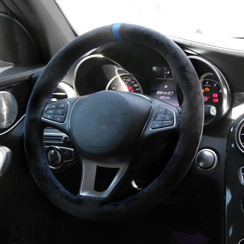 Universal Car Suede Steering Wheel Cover for Women and Men,Stitch on Wrap Car Interior Standard Size 14.5-15 Inch,Black and Blue Microfiber Leather Autos