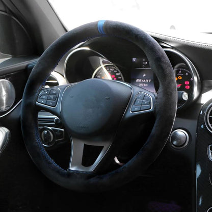 Universal Car Suede Steering Wheel Cover for Women and Men,Stitch on Wrap Car Interior Standard Size 14.5-15 Inch,Black and Blue Microfiber Leather Autos