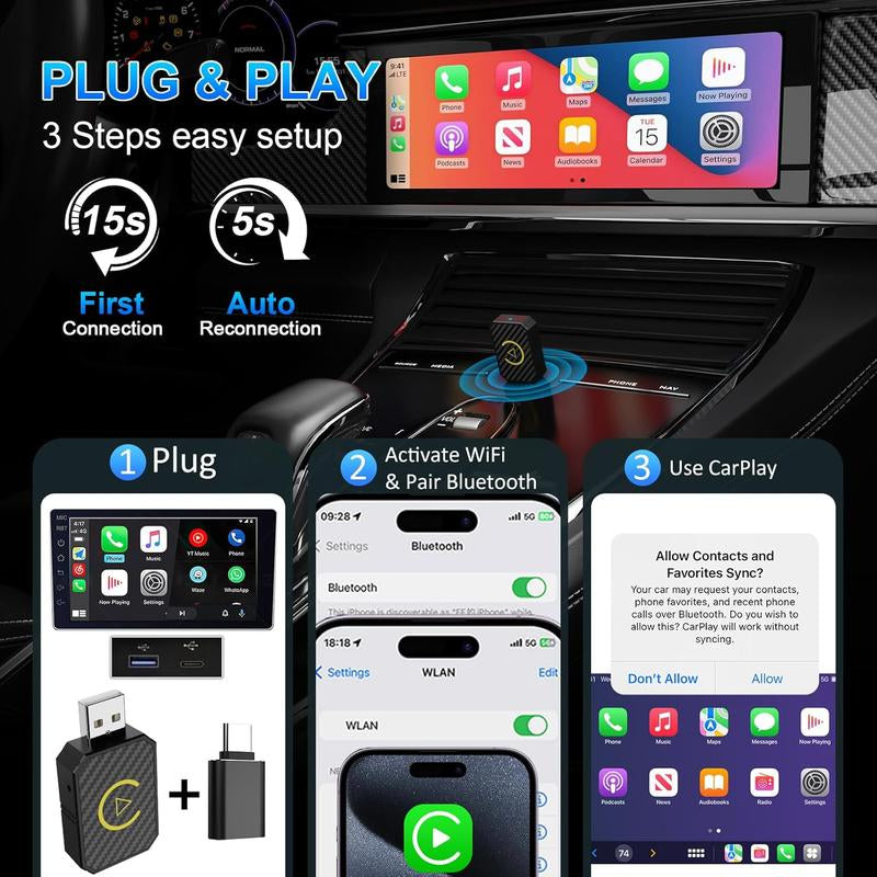 Mini Wireless Apple Carplay Adapter, for Both Apple and Android,Converts Wired to Wireless, Suitable for Factory Wired Carplay Cars from 2016+
