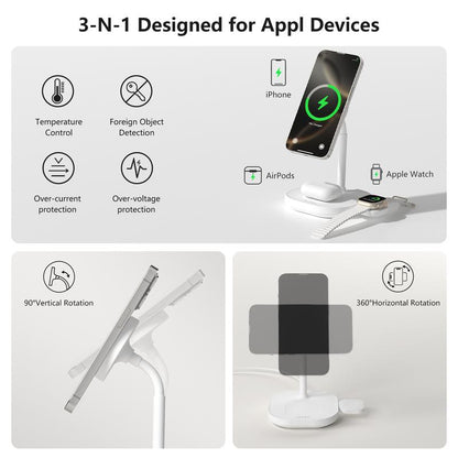 Aitek 3-In-1 Wireless Charger Series for Mag Safe Iphone 16/15/14/13/12 Series Airpods Pro Iwatch, Smartphone Wireless Charging Station Electronic Cellphone White