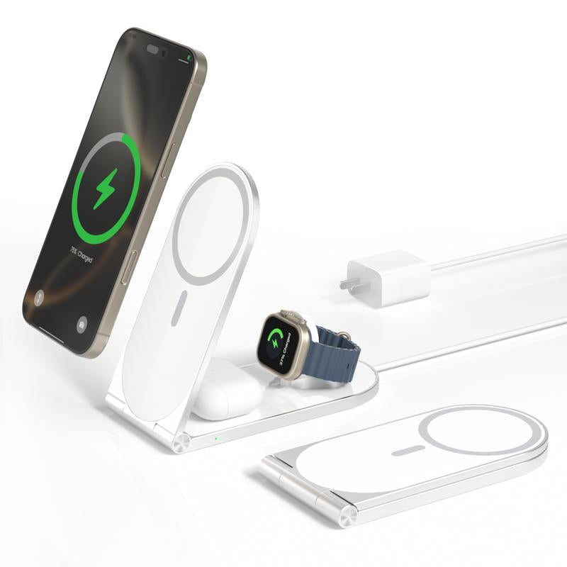 Aitek 3-In-1 Wireless Charger Series for Mag Safe Iphone 16/15/14/13/12 Series Airpods Pro Iwatch, Smartphone Wireless Charging Station Electronic Cellphone White