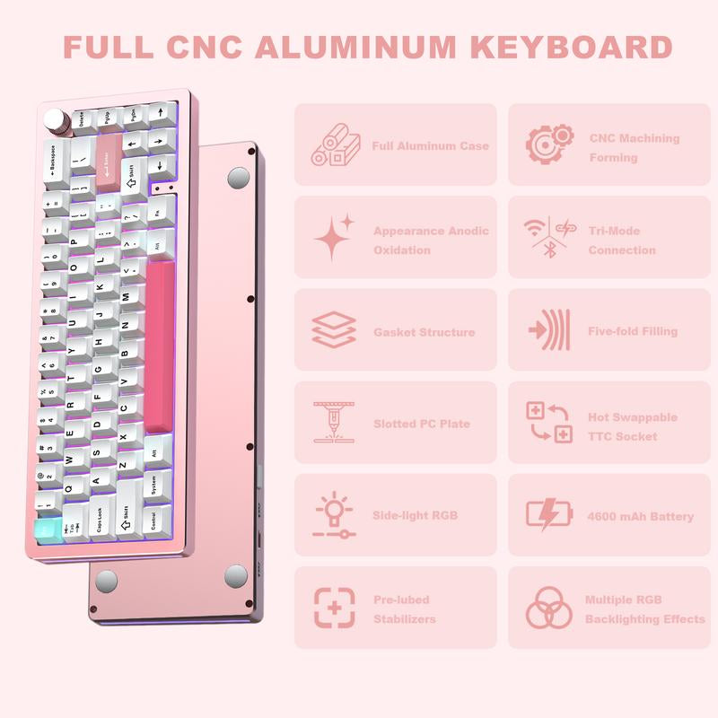 YUNZII AL66 Wireless Mechanical Keyboard, 65% Knob Control Aluminum Gaming Keyboard Bt/2.4G/Wired Hot Swappable, Gasket Mounted RGB Keyboard Metal Keyboard Mechanical Keyboard