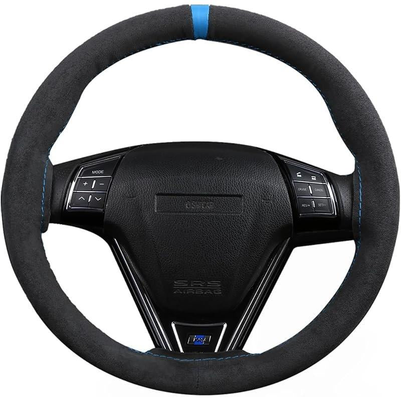 Universal Car Suede Steering Wheel Cover for Women and Men,Stitch on Wrap Car Interior Standard Size 14.5-15 Inch,Black and Blue Microfiber Leather Autos