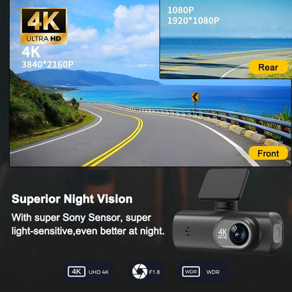 4K Dash Cam Front & Rear, Car DVR with Built in Wifi, Infrared Night Car Recorder, Loop Recording, Parking Monitor, Car Video Surveillance