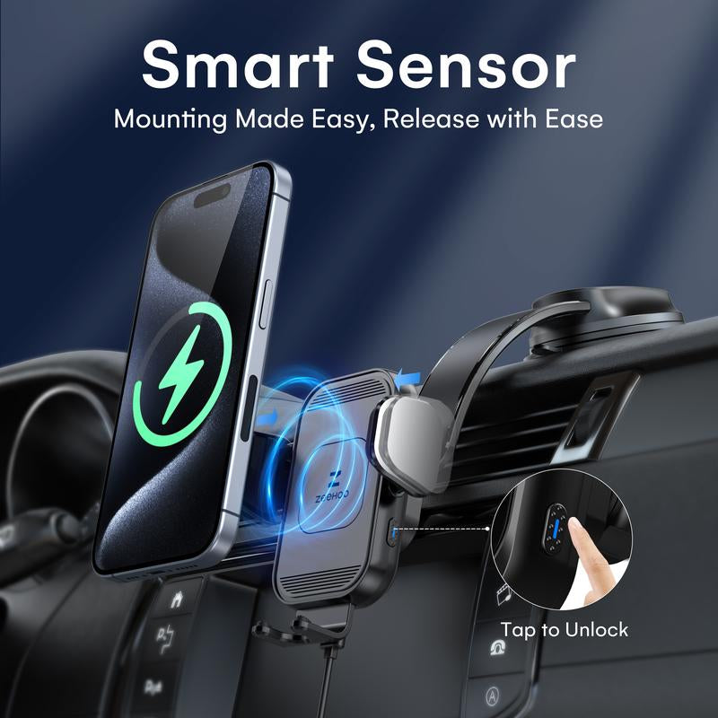 ZEEHOO 15W Fast Wireless Car Charger[Outdoorfun] & Auto-Clamping Phone Mount - Secure Dual-Mode Charging for Iphone 16/15/14/13/12/11 Pro Max/Xs & Samsung Galaxy S23/S22