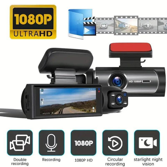 WHATOOK 1080P Dual Camera Dash Cam for Cars, Driving Recorder with IR Night Vision, Loop Recording, Wide Angle Lens - 3.16 Inch IPS Screen,Parking Mode, Car Camera with 32GB TF Card