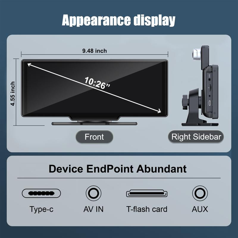 Portable Wireless Carplay Screen, 10.26 Inch 4K Ultra HD/ 7 Inch 1080P Carplay Radio Touchscreen, Car Video Players for Any Car, Big Screen Carplay