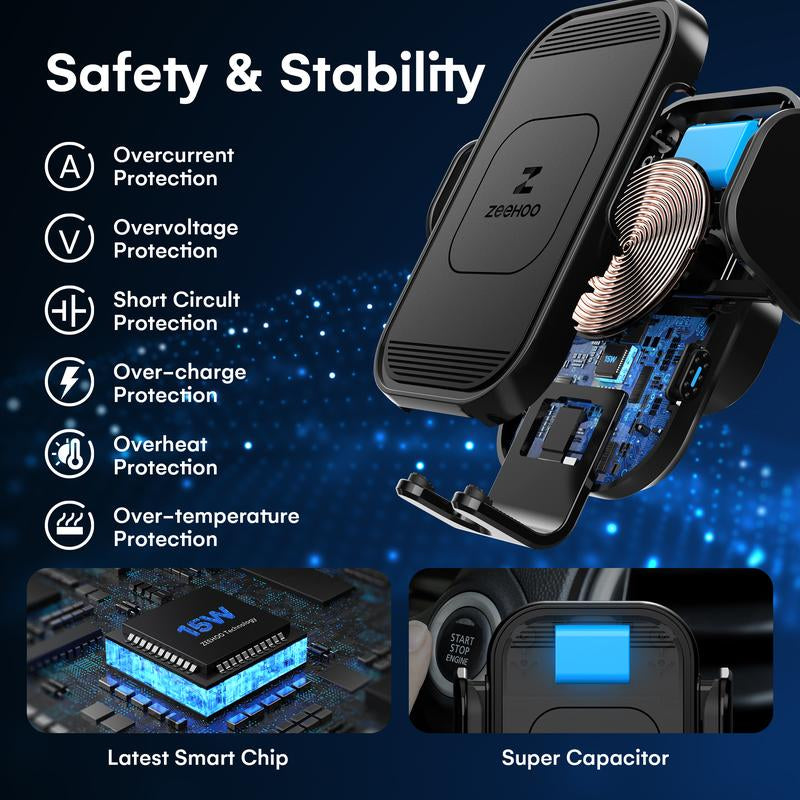ZEEHOO 15W Fast Wireless Car Charger[Outdoorfun] & Auto-Clamping Phone Mount - Secure Dual-Mode Charging for Iphone 16/15/14/13/12/11 Pro Max/Xs & Samsung Galaxy S23/S22