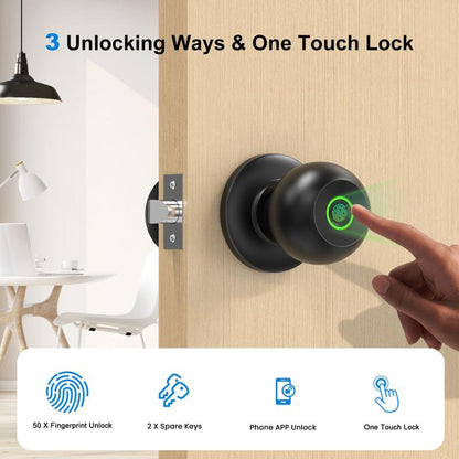 52HZ Fingerprint Door Knob with Lock, Smart Lock for Bedroom Door, Biometric Door Lock with App Control & Key, Thumbprint Keyless Entry Door Lock for Front Door, Home, Apartment, Office, Matte Black