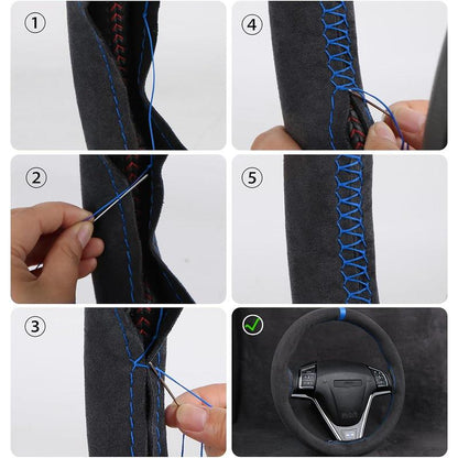 Universal Car Suede Steering Wheel Cover for Women and Men,Stitch on Wrap Car Interior Standard Size 14.5-15 Inch,Black and Blue Microfiber Leather Autos