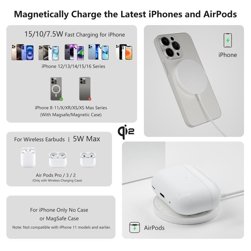Aitek 3-In-1 Wireless Charger Series for Mag Safe Iphone 16/15/14/13/12 Series Airpods Pro Iwatch, Smartphone Wireless Charging Station Electronic Cellphone White