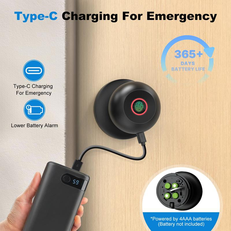 52HZ Fingerprint Door Knob with Lock, Smart Lock for Bedroom Door, Biometric Door Lock with App Control & Key, Thumbprint Keyless Entry Door Lock for Front Door, Home, Apartment, Office, Matte Black