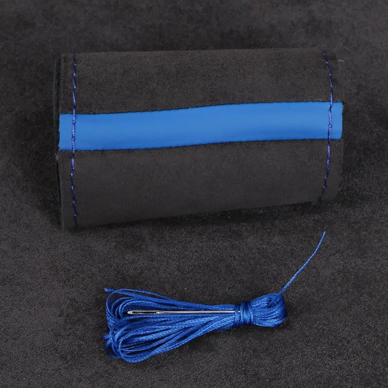 Universal Car Suede Steering Wheel Cover for Women and Men,Stitch on Wrap Car Interior Standard Size 14.5-15 Inch,Black and Blue Microfiber Leather Autos