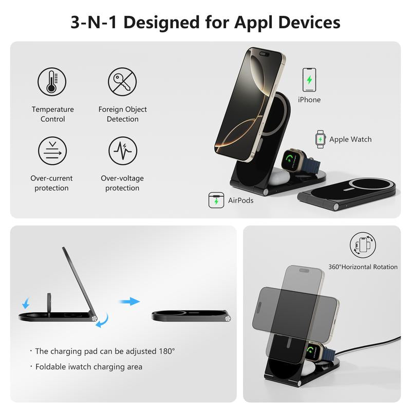 Aitek 3-In-1 Wireless Charger Series for Mag Safe Iphone 16/15/14/13/12 Series Airpods Pro Iwatch, Smartphone Wireless Charging Station Electronic Cellphone White