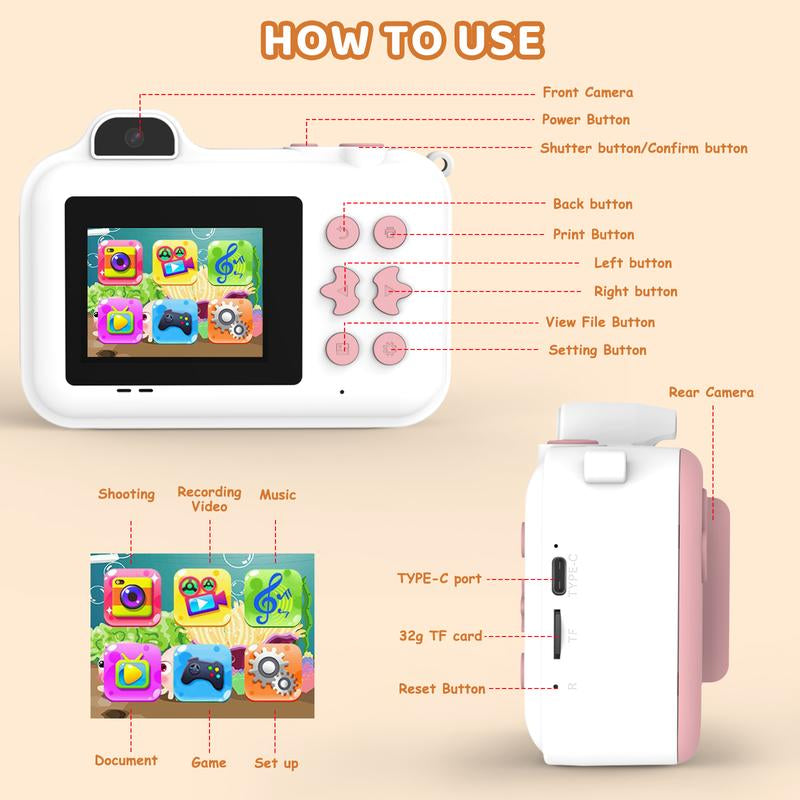 MISIRUN Kids Camera Instant Print with 1080P HD Dual-Lens Selfie Digital Camera, 32GB Card, 5 Rolls Print Paper Stickers, and 32GB Pens Christmas Birthday Gifts Toys for Girls Boys Ages 4-12