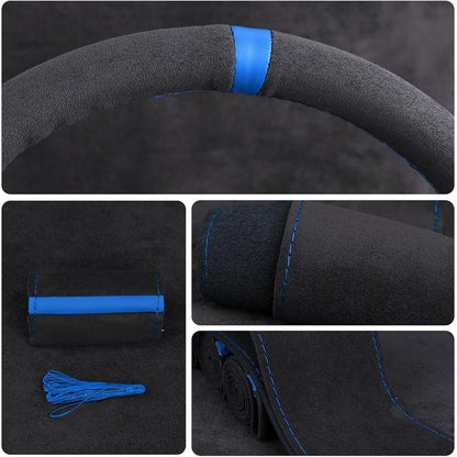 Universal Car Suede Steering Wheel Cover for Women and Men,Stitch on Wrap Car Interior Standard Size 14.5-15 Inch,Black and Blue Microfiber Leather Autos