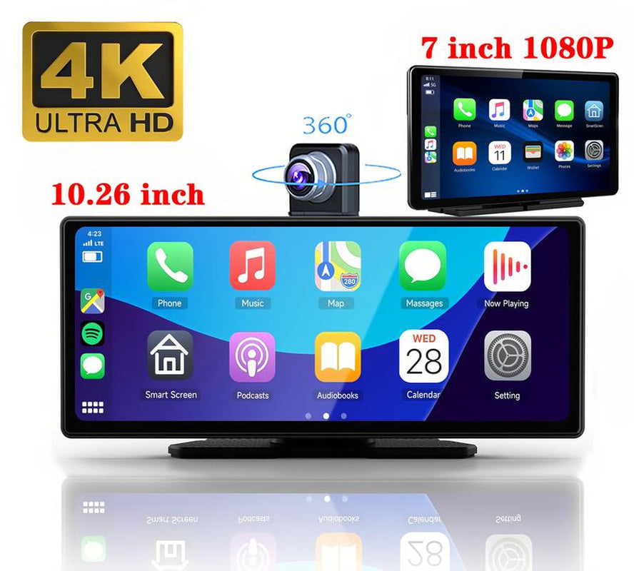 Portable Wireless Carplay Screen, 10.26 Inch 4K Ultra HD/ 7 Inch 1080P Carplay Radio Touchscreen, Car Video Players for Any Car, Big Screen Carplay