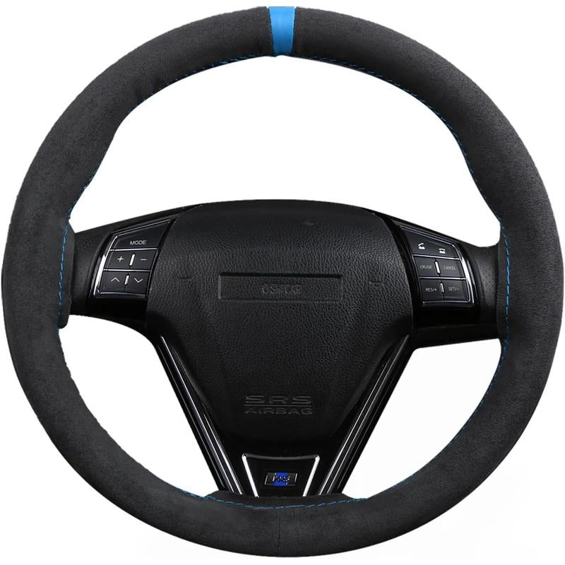 Universal Car Suede Steering Wheel Cover for Women and Men,Stitch on Wrap Car Interior Standard Size 14.5-15 Inch,Black and Blue Microfiber Leather Autos