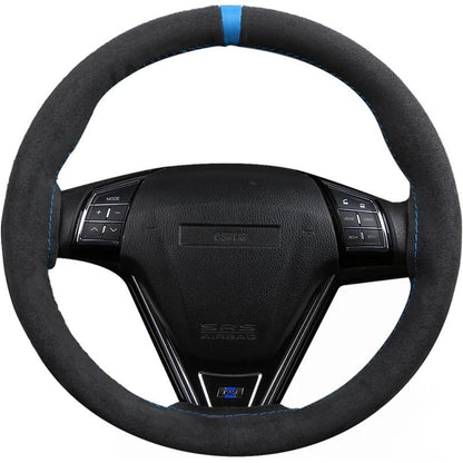 Universal Car Suede Steering Wheel Cover for Women and Men,Stitch on Wrap Car Interior Standard Size 14.5-15 Inch,Black and Blue Microfiber Leather Autos