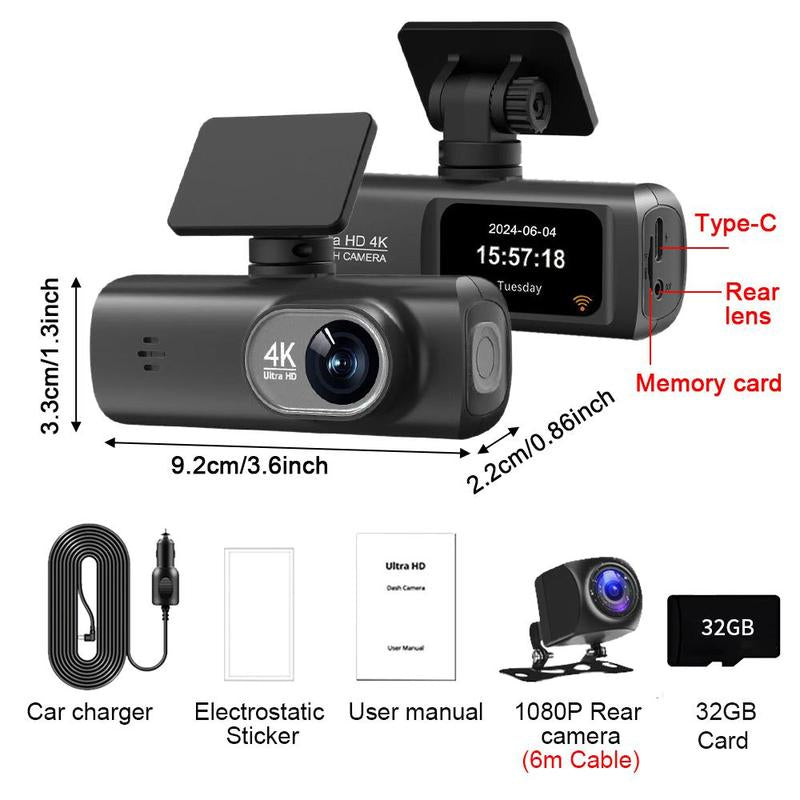 4K Dash Cam Front & Rear, Car DVR with Built in Wifi, Infrared Night Car Recorder, Loop Recording, Parking Monitor, Car Video Surveillance
