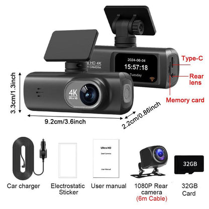 4K Dash Cam Front & Rear, Car DVR with Built in Wifi, Infrared Night Car Recorder, Loop Recording, Parking Monitor, Car Video Surveillance