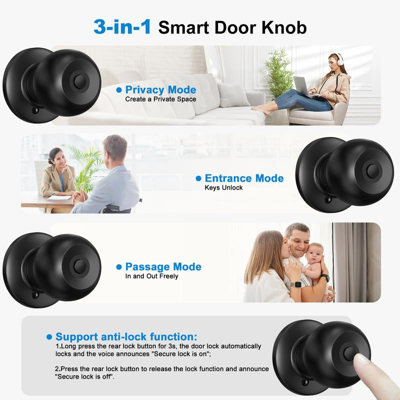 52HZ Fingerprint Door Knob with Lock, Smart Lock for Bedroom Door, Biometric Door Lock with App Control & Key, Thumbprint Keyless Entry Door Lock for Front Door, Home, Apartment, Office, Matte Black