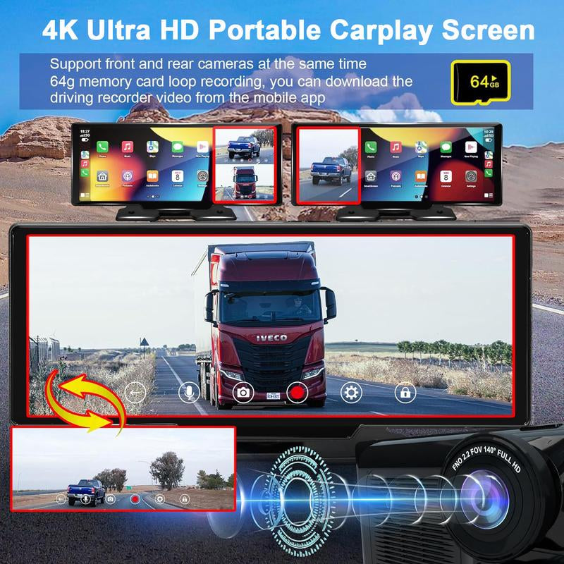 Portable Wireless Carplay Screen, 10.26 Inch 4K Ultra HD/ 7 Inch 1080P Carplay Radio Touchscreen, Car Video Players for Any Car, Big Screen Carplay