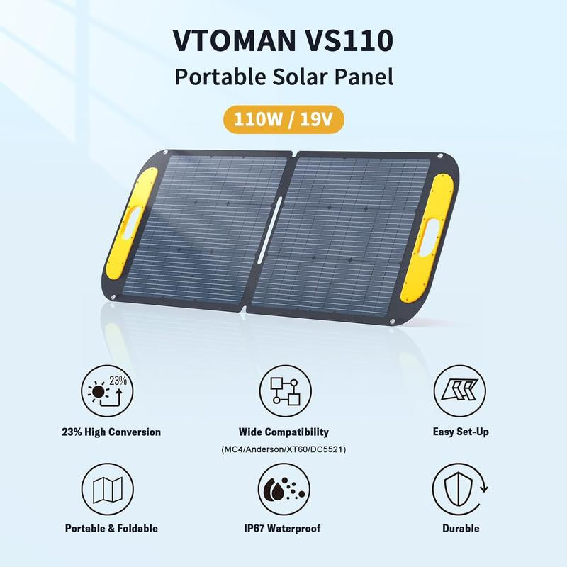 VTOMAN VS110 Portable Solar Panel for Solar Generator, 110W 19V Folding Solar Charger with 23% Efficiency, IP67 Waterproof and Adjustable Kickstands Design for Camping, RV, Outdoor Adventures (VS110)