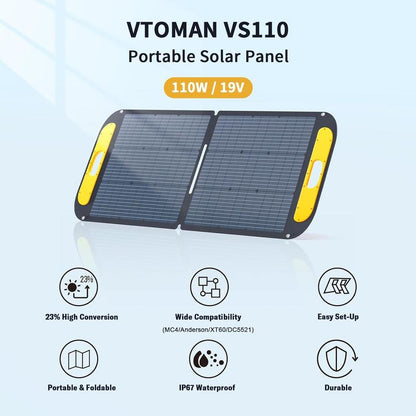 VTOMAN VS110 Portable Solar Panel for Solar Generator, 110W 19V Folding Solar Charger with 23% Efficiency, IP67 Waterproof and Adjustable Kickstands Design for Camping, RV, Outdoor Adventures (VS110)
