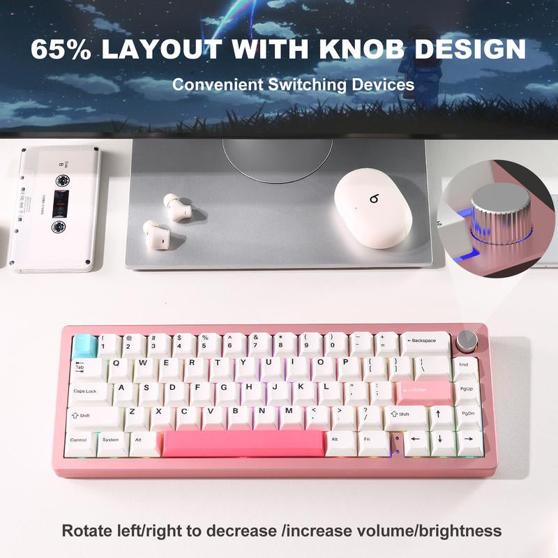 YUNZII AL66 Wireless Mechanical Keyboard, 65% Knob Control Aluminum Gaming Keyboard Bt/2.4G/Wired Hot Swappable, Gasket Mounted RGB Keyboard Metal Keyboard Mechanical Keyboard