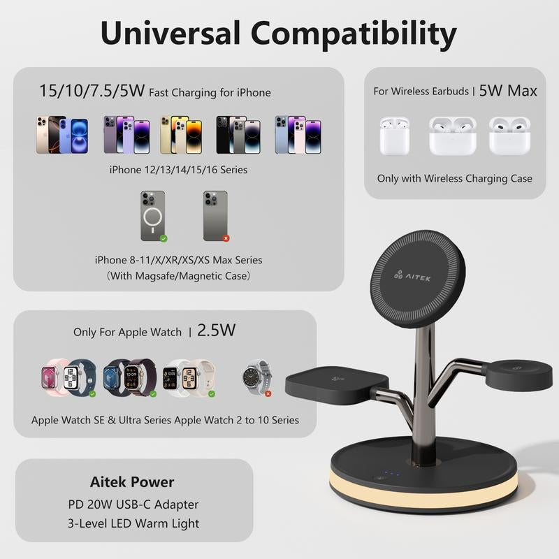 Aitek 3-In-1 Wireless Charger Series for Mag Safe Iphone 16/15/14/13/12 Series Airpods Pro Iwatch, Smartphone Wireless Charging Station Electronic Cellphone White