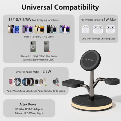 Aitek 3-In-1 Wireless Charger Series for Mag Safe Iphone 16/15/14/13/12 Series Airpods Pro Iwatch, Smartphone Wireless Charging Station Electronic Cellphone White