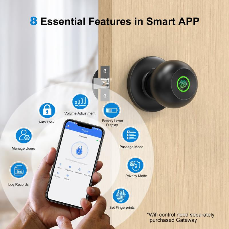 52HZ Fingerprint Door Knob with Lock, Smart Lock for Bedroom Door, Biometric Door Lock with App Control & Key, Thumbprint Keyless Entry Door Lock for Front Door, Home, Apartment, Office, Matte Black