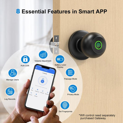 52HZ Fingerprint Door Knob with Lock, Smart Lock for Bedroom Door, Biometric Door Lock with App Control & Key, Thumbprint Keyless Entry Door Lock for Front Door, Home, Apartment, Office, Matte Black