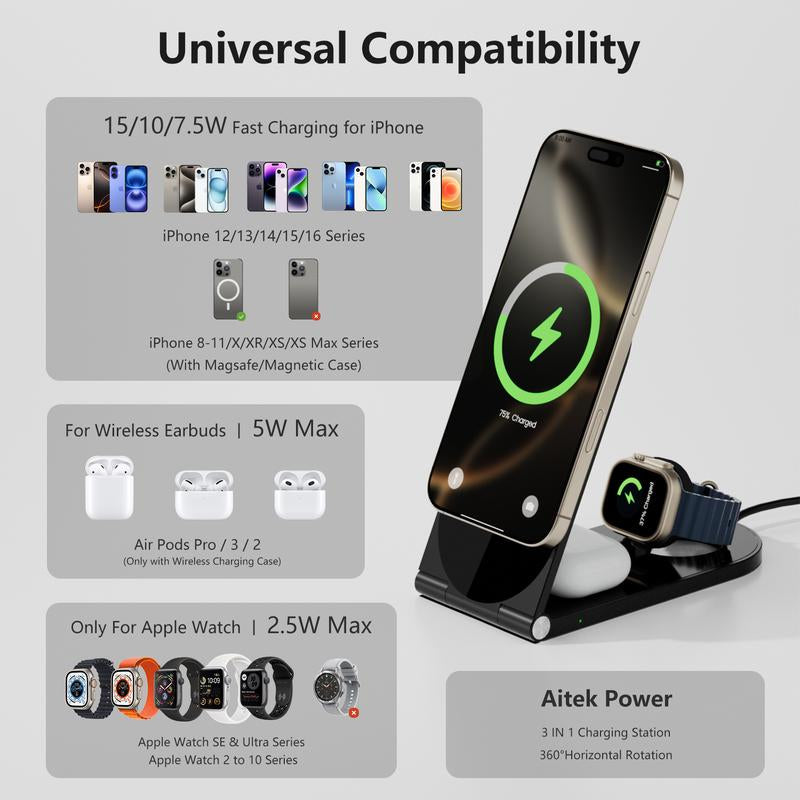 Aitek 3-In-1 Wireless Charger Series for Mag Safe Iphone 16/15/14/13/12 Series Airpods Pro Iwatch, Smartphone Wireless Charging Station Electronic Cellphone White