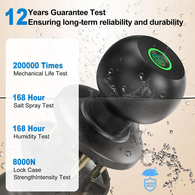 52HZ Fingerprint Door Knob with Lock, Smart Lock for Bedroom Door, Biometric Door Lock with App Control & Key, Thumbprint Keyless Entry Door Lock for Front Door, Home, Apartment, Office, Matte Black