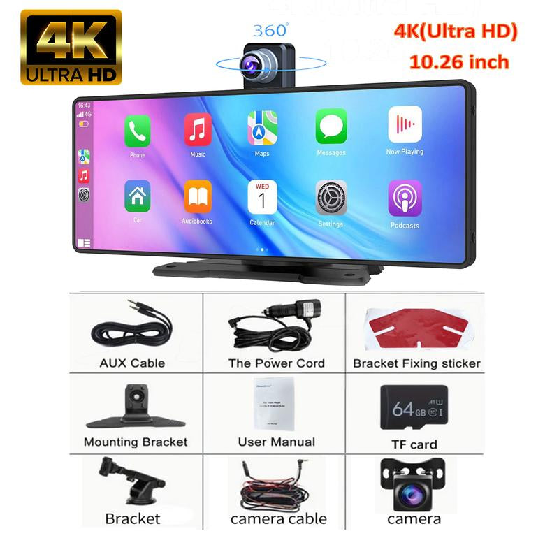 Portable Wireless Carplay Screen, 10.26 Inch 4K Ultra HD/ 7 Inch 1080P Carplay Radio Touchscreen, Car Video Players for Any Car, Big Screen Carplay