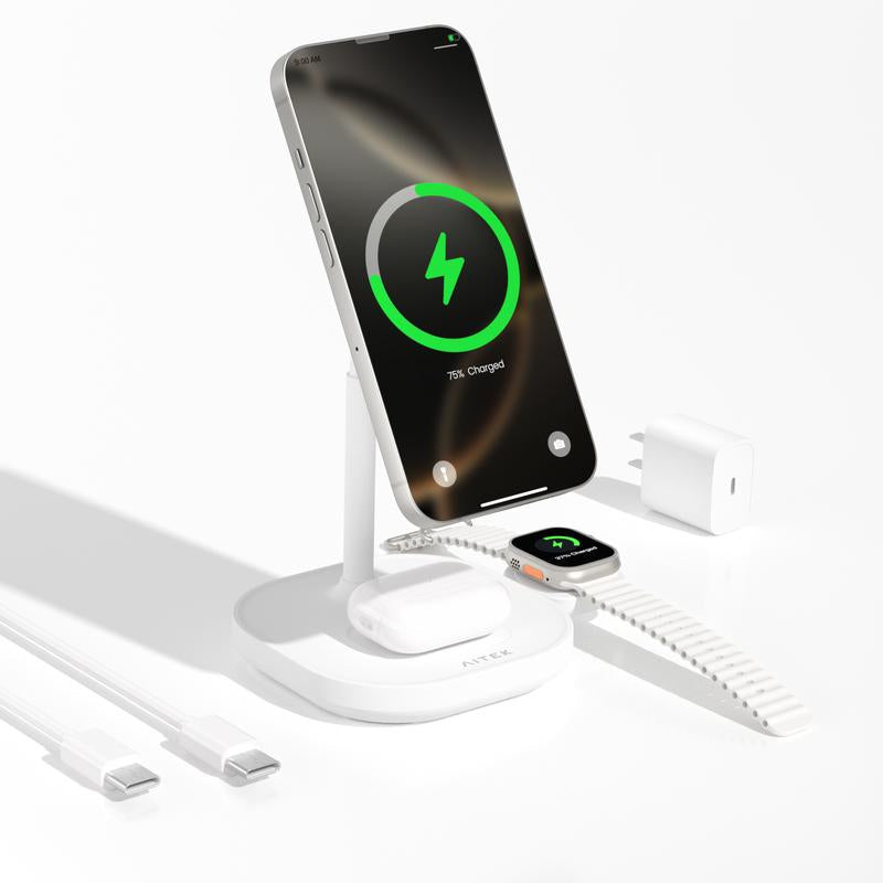 Aitek 3-In-1 Wireless Charger Series for Mag Safe Iphone 16/15/14/13/12 Series Airpods Pro Iwatch, Smartphone Wireless Charging Station Electronic Cellphone White