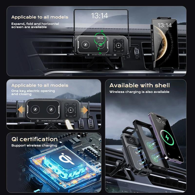 Wireless Charging Mobile Phone Car Holder, Electric Induction Opening and Closing, 90° Rotating Car Holder, 15W Wireless Fast Charging, Air Outlet + Center Console Mobile Phone Car Holder, Suitable for Iphone, Samsung, Google, Etc.