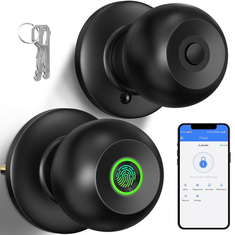 52HZ Fingerprint Door Knob with Lock, Smart Lock for Bedroom Door, Biometric Door Lock with App Control & Key, Thumbprint Keyless Entry Door Lock for Front Door, Home, Apartment, Office, Matte Black